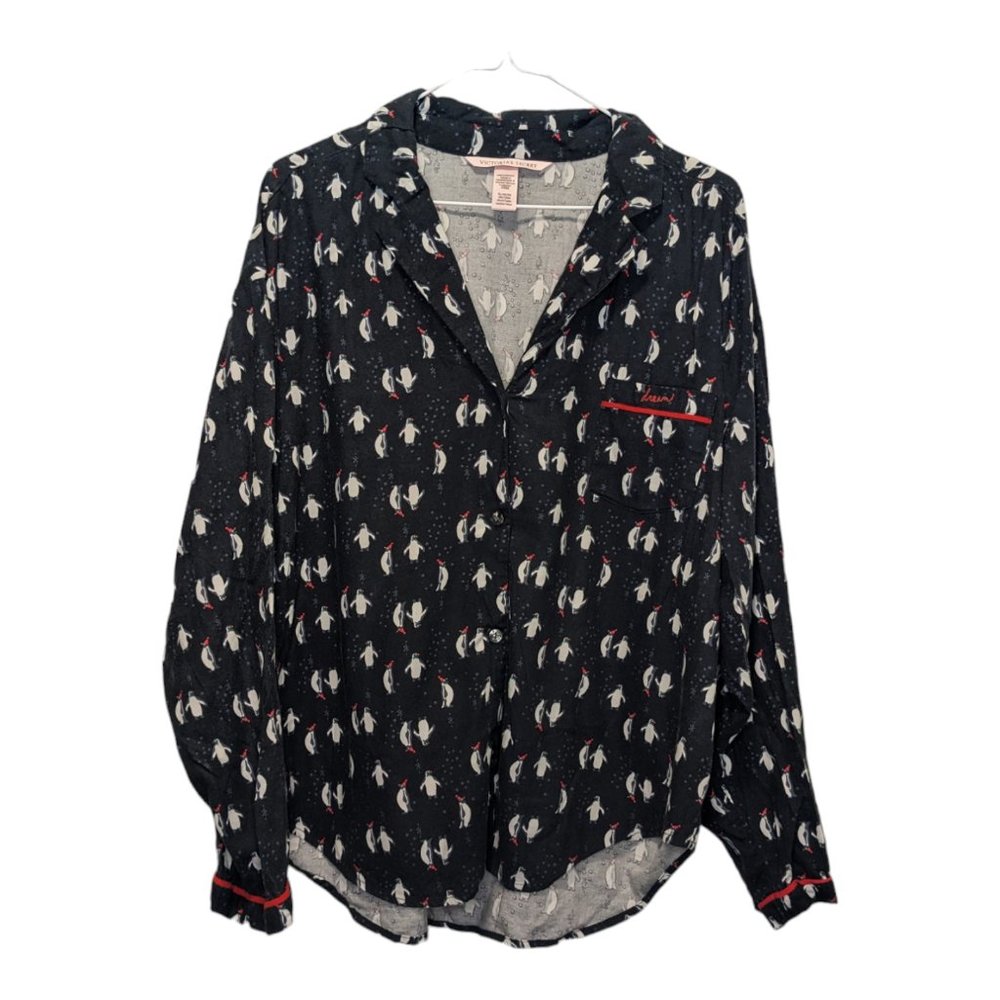 Victoria's Secret Women's Sleep Shirt Button Down Black Penguin Print Size XL